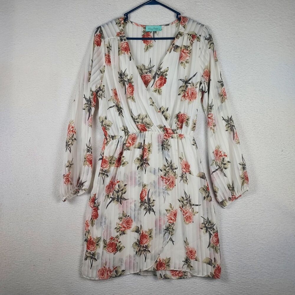 Filly Flair Floral Wrap Dress Womens Large Boho Pleated Long Sleeve